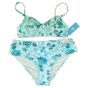 NEW Cupshe Aqua Floral Bikini - XS (TOP) M (bottoms)